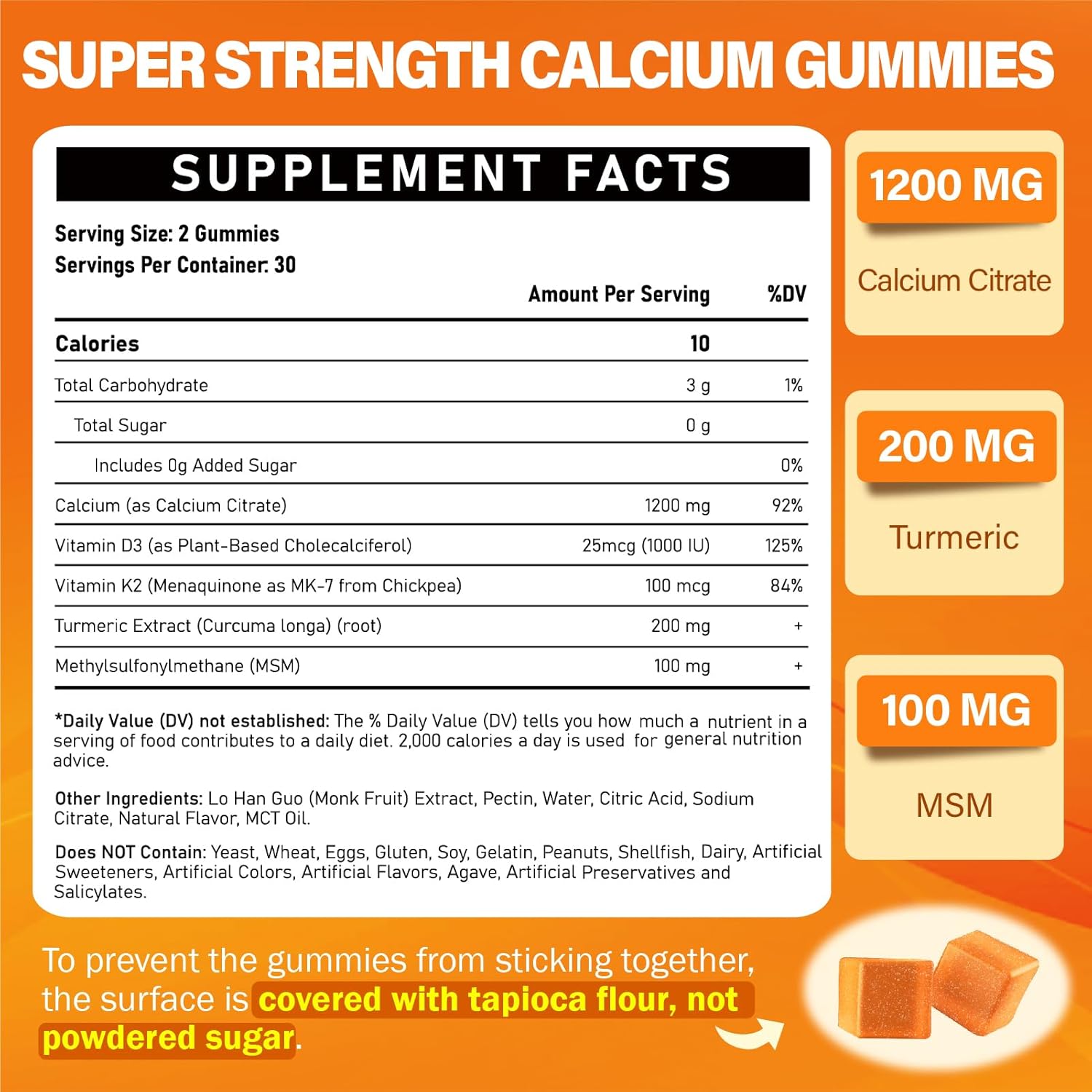 High Strength Calcium Citrate Gummies with Vitamin D3, K2, Turmeric, and MSM - Supports Muscle Strength and Immune Health - Sugar-Free Natural Mango Flavor - Ideal for Adults
