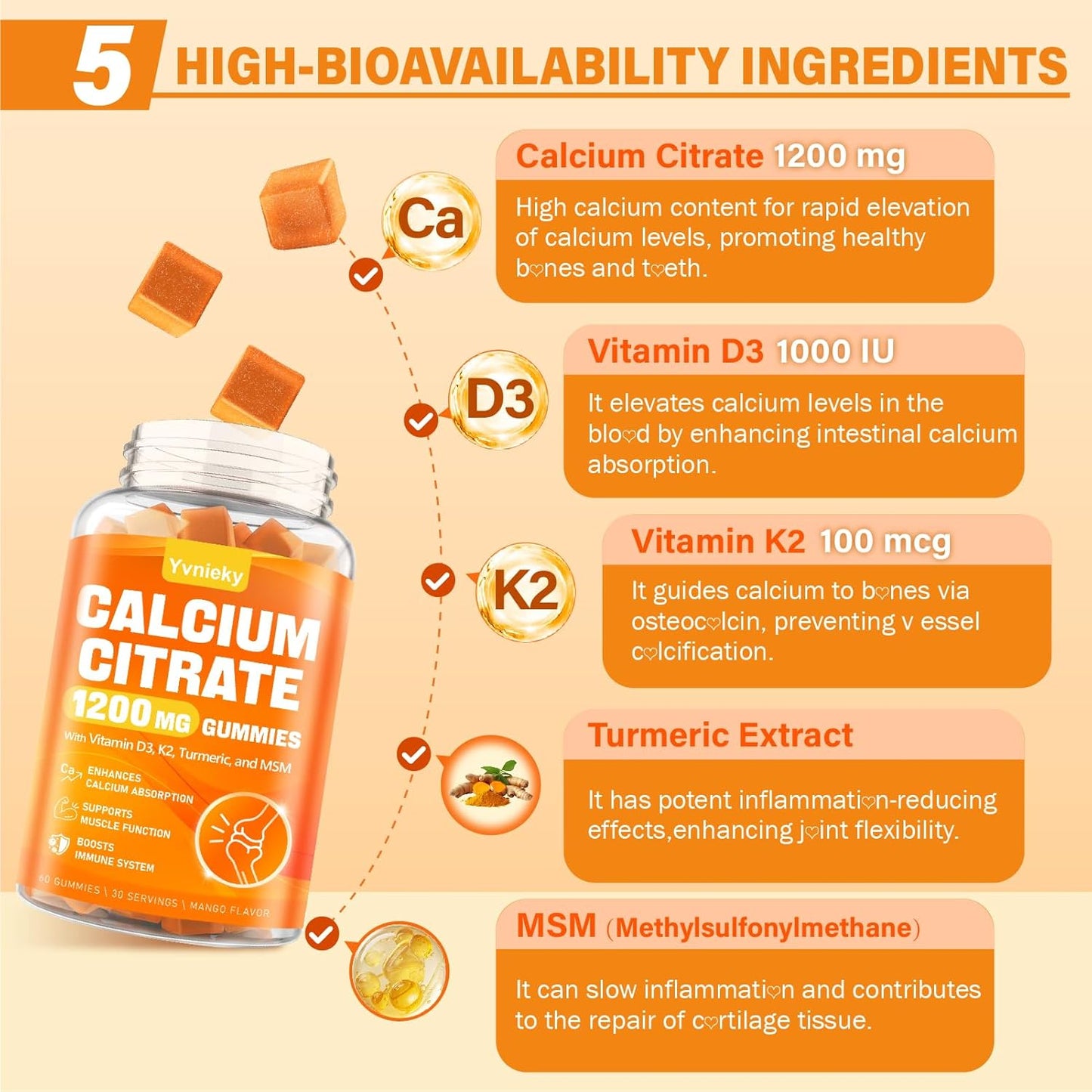 High Strength Calcium Citrate Gummies with Vitamin D3, K2, Turmeric, and MSM - Supports Muscle Strength and Immune Health - Sugar-Free Natural Mango Flavor - Ideal for Adults