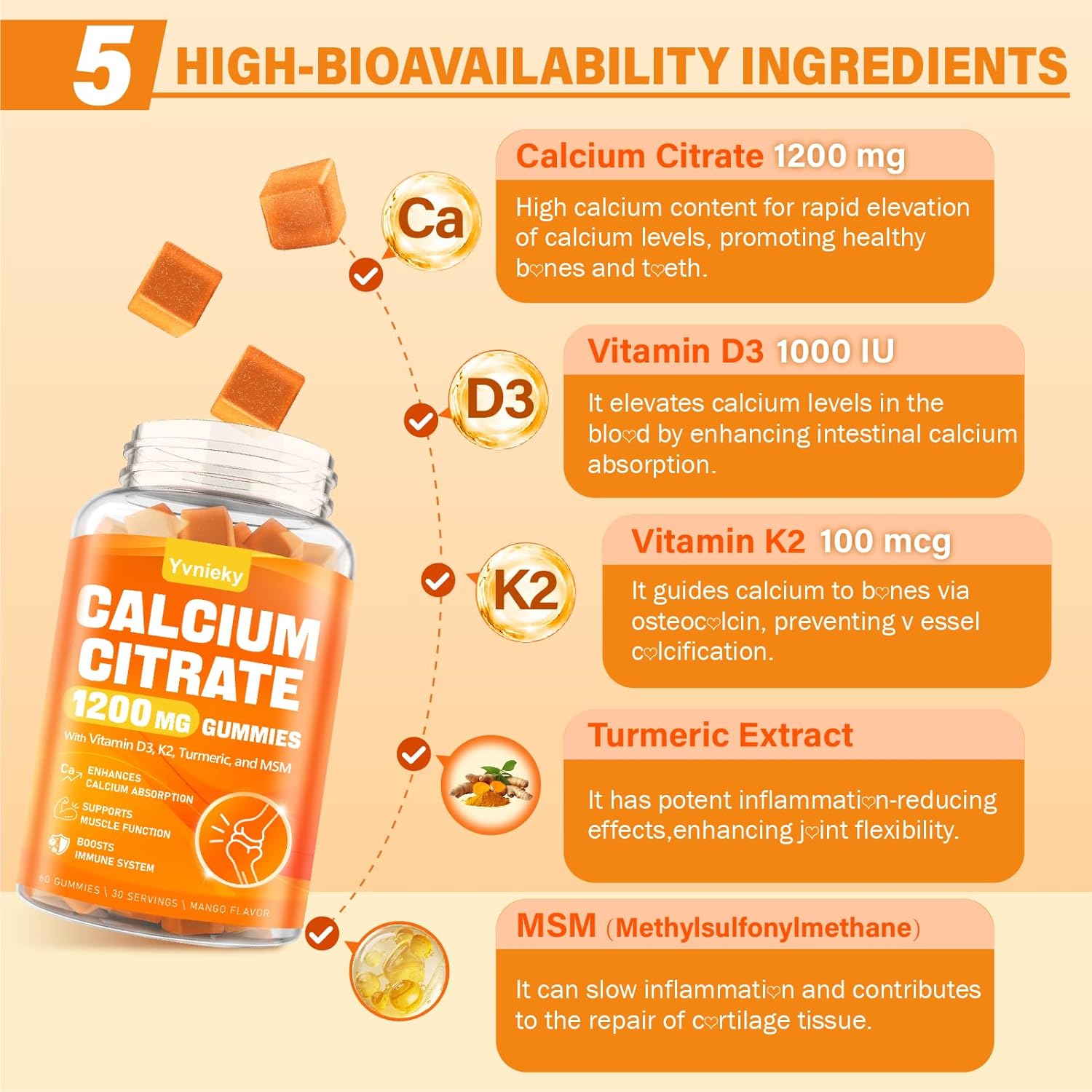 High Strength Calcium Citrate Gummies with Vitamin D3, K2, Turmeric, and MSM - Supports Muscle Strength and Immune Health - Sugar-Free Natural Mango Flavor - Ideal for Adults