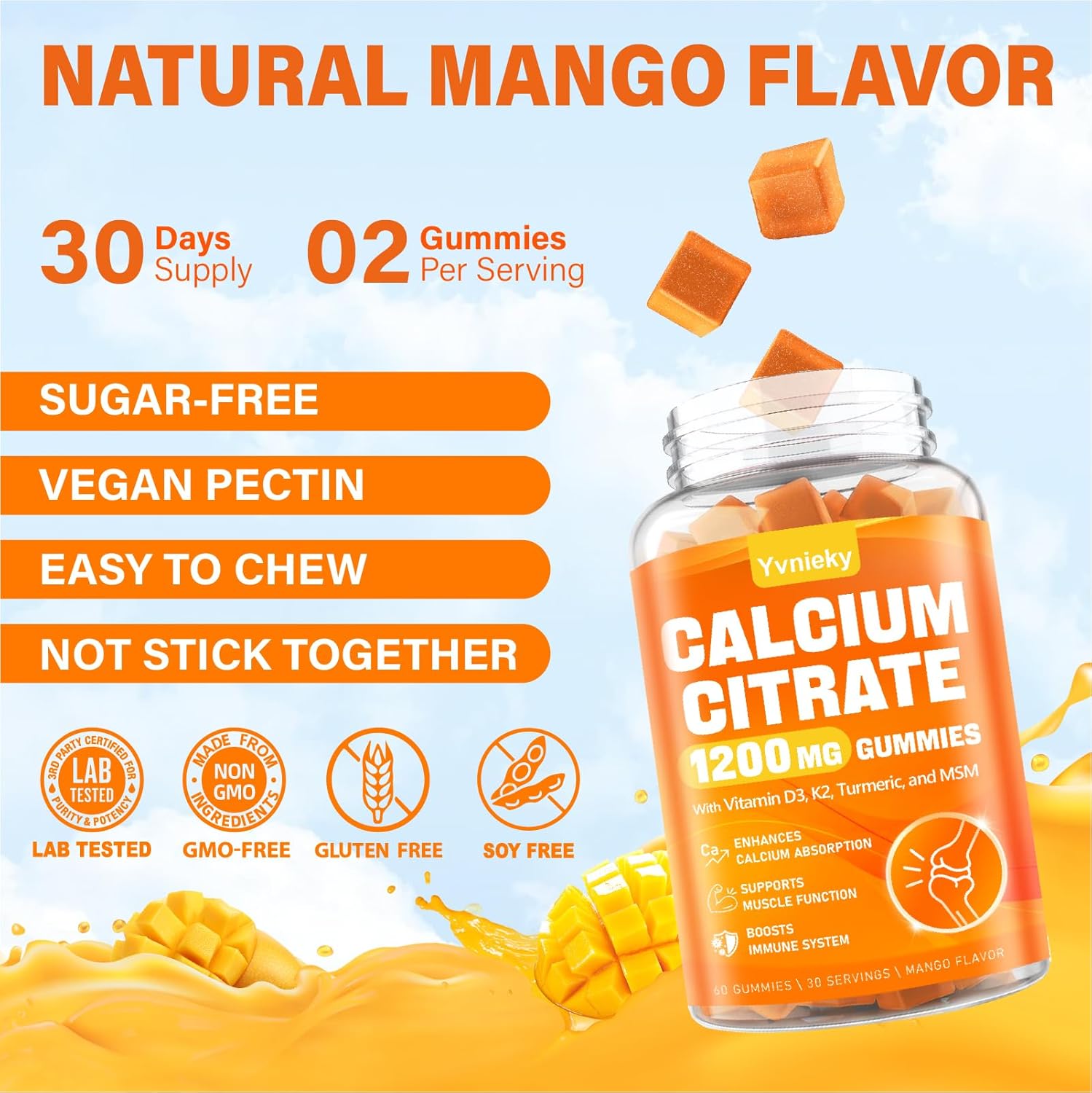 High Strength Calcium Citrate Gummies with Vitamin D3, K2, Turmeric, and MSM - Supports Muscle Strength and Immune Health - Sugar-Free Natural Mango Flavor - Ideal for Adults