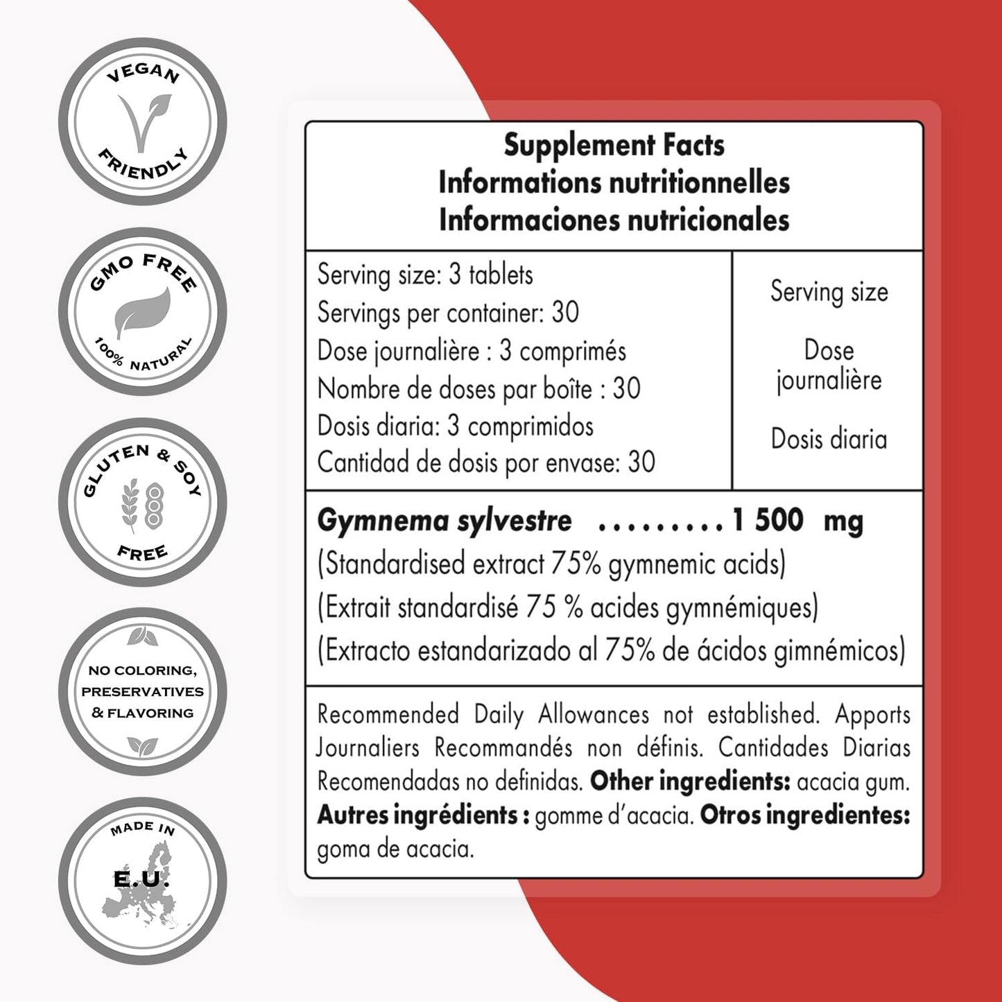 High Strength Gymnema Sylvestre 1500mg Daily Supplement - 75% Gymnemic Acids - Non-GMO & Gluten Free - 90 Tablets