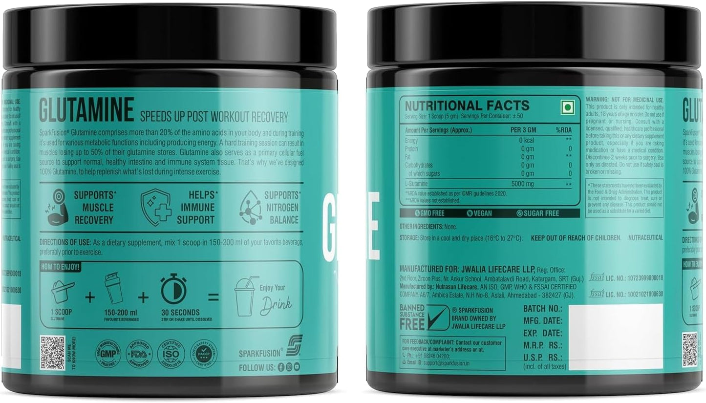 High Strength L-Glutamine Powder Supplement for Post-Workout Recovery | Supports Pumps & Digestive Health | 5000mg, 250g, 50 Servings | No Fillers, Unflavored