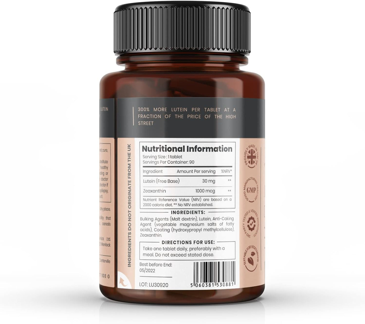 High Strength Lutein 30mg with Zeaxanthin x 180 Tablets - 2 Bottles, 3x Regular Strength