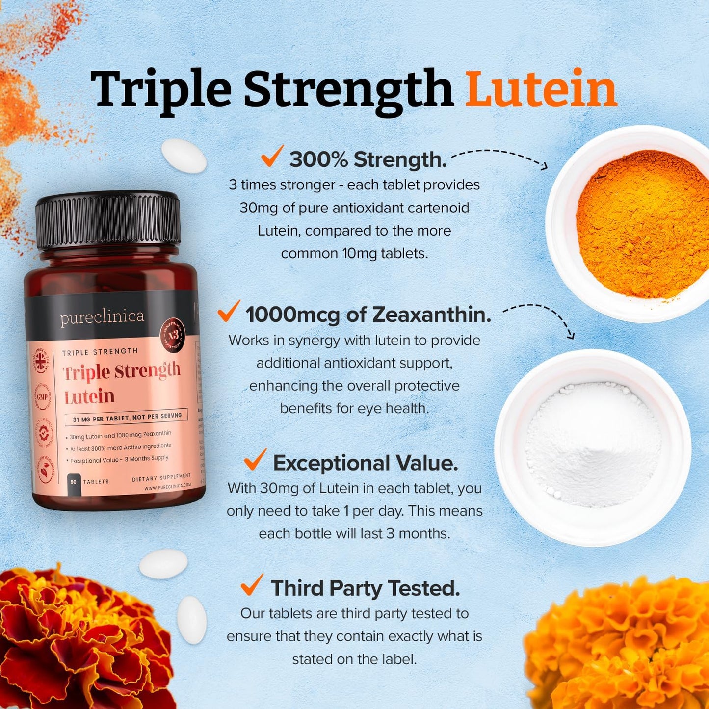 High Strength Lutein 30mg with Zeaxanthin x 180 Tablets - 2 Bottles, 3x Regular Strength