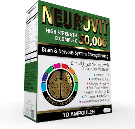 High Strength Neurovit 50,000 Liquid Vitamin B Complex Supplement for Brain & Nervous System Support - 10 Ampoules, 3.4 fl oz (100ml) - Fast Absorption, Non-GMO, Gluten-Free