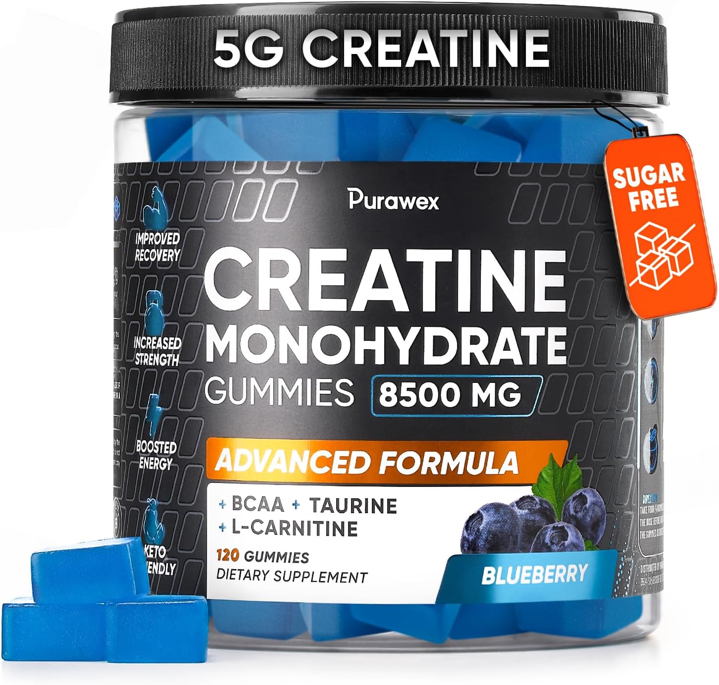 High Strength Purawex Creatine Gummies - Pre-Workout Supplement for Muscle Strength and Energy - Vegan Blueberry Flavor - 120 Count