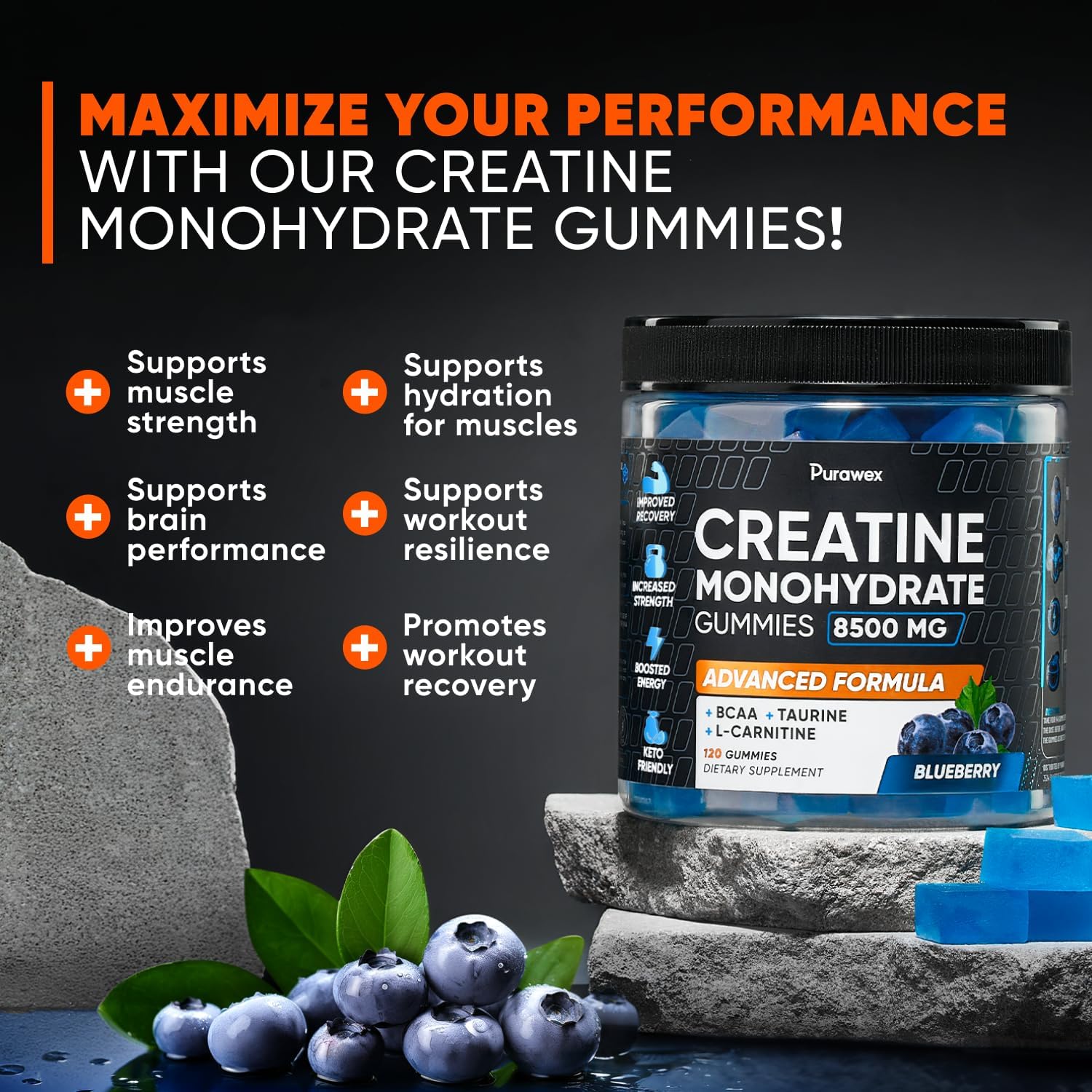 High Strength Purawex Creatine Gummies - Pre-Workout Supplement for Muscle Strength and Energy - Vegan Blueberry Flavor - 120 Count