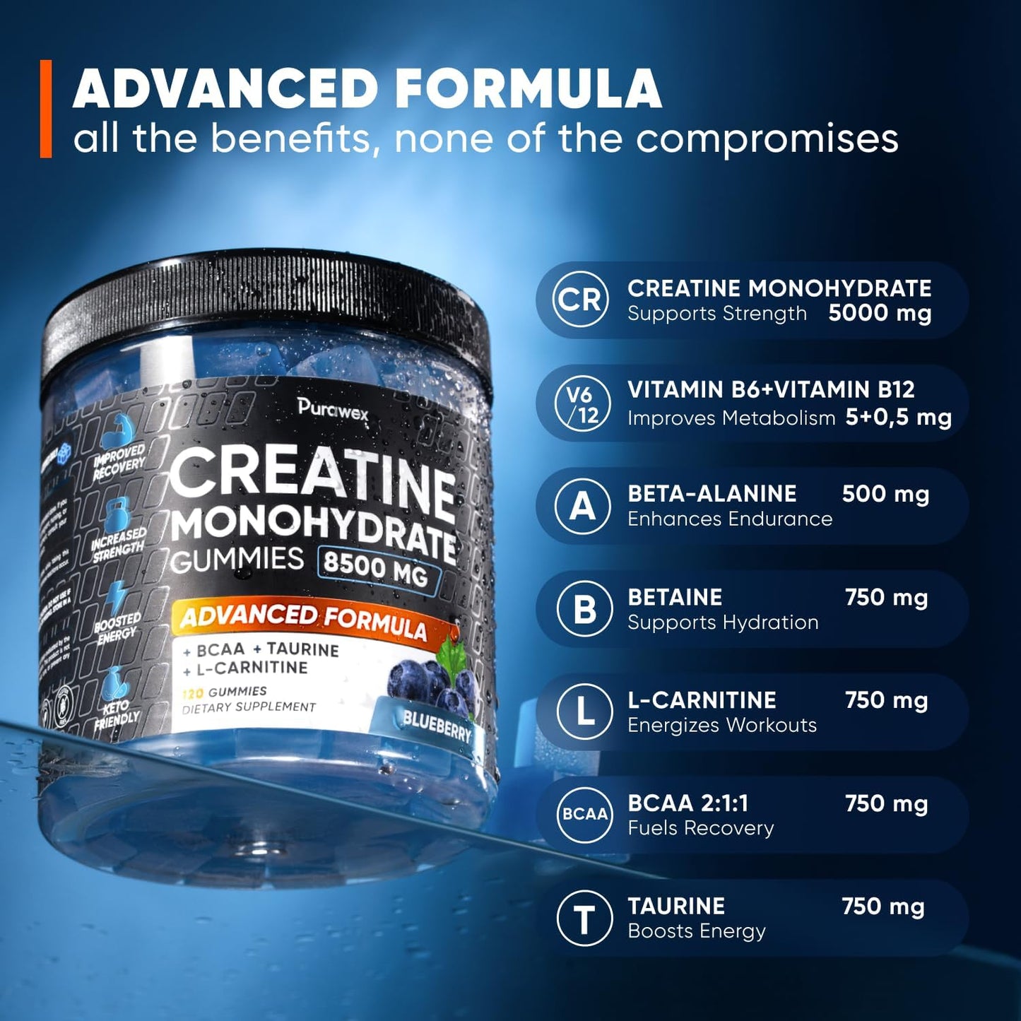 High Strength Purawex Creatine Gummies - Pre-Workout Supplement for Muscle Strength and Energy - Vegan Blueberry Flavor - 120 Count