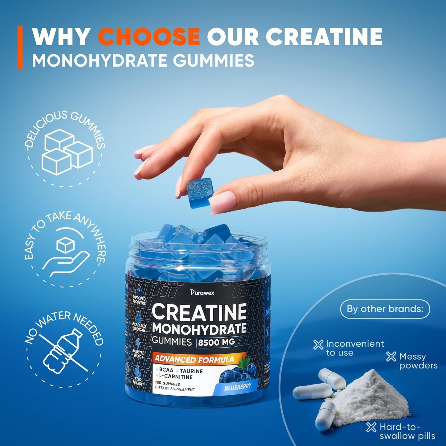 High Strength Purawex Creatine Gummies - Pre-Workout Supplement for Muscle Strength and Energy - Vegan Blueberry Flavor - 120 Count