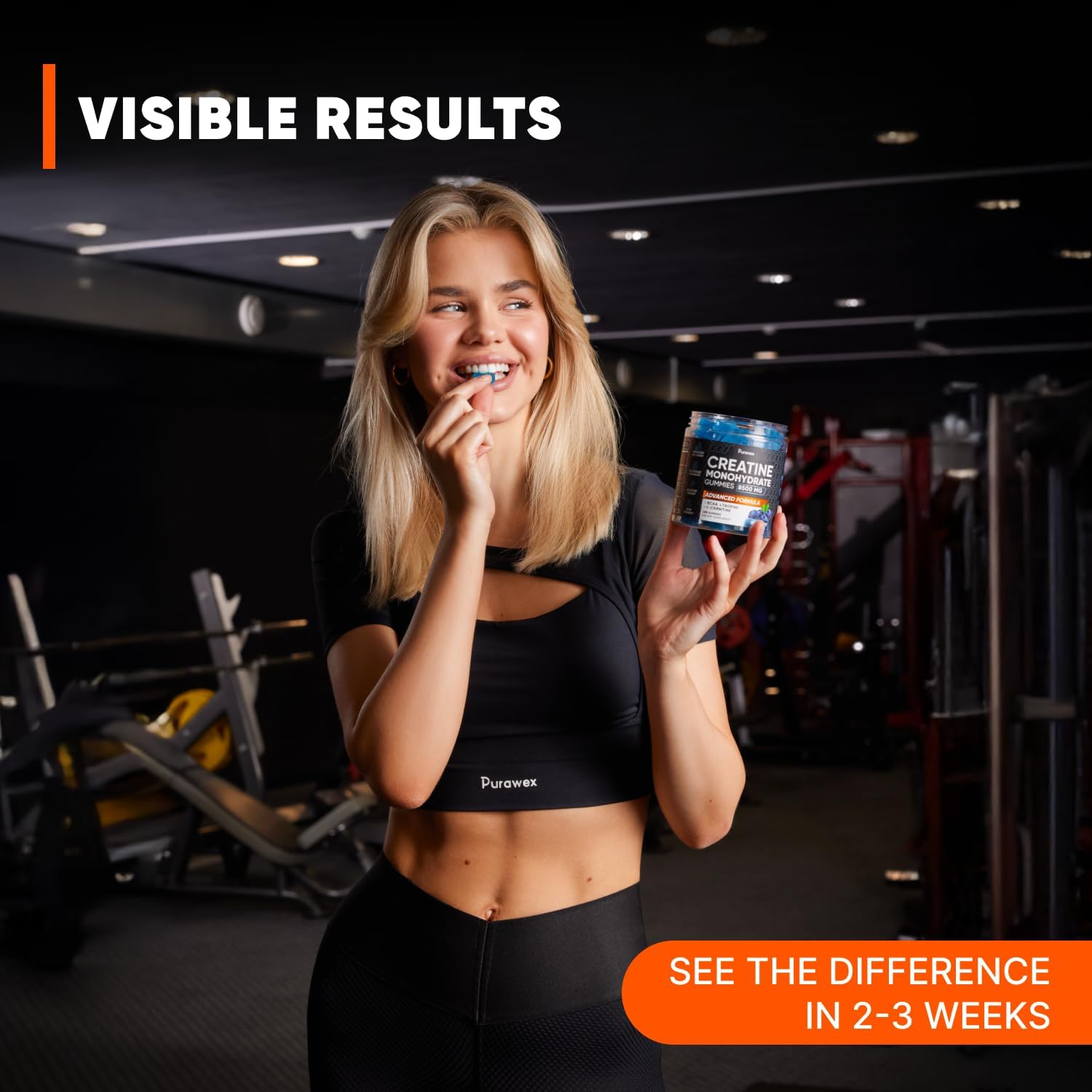 High Strength Purawex Creatine Gummies - Pre-Workout Supplement for Muscle Strength and Energy - Vegan Blueberry Flavor - 120 Count