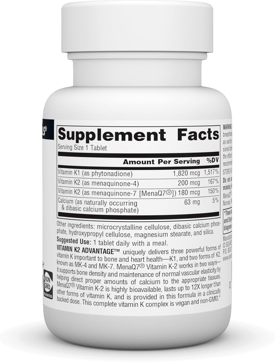 High Strength Source Naturals Vitamin K2 for Bone & Heart Health - 2200 mcg, 60 Tablets