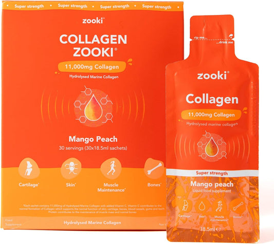 High Strength Sugar-Free Marine Collagen Liquid Sachets 11,000mg - Mango Peach Flavor - Skin, Joints, Hair - 30 Servings - Zooki Super Strength Collagen