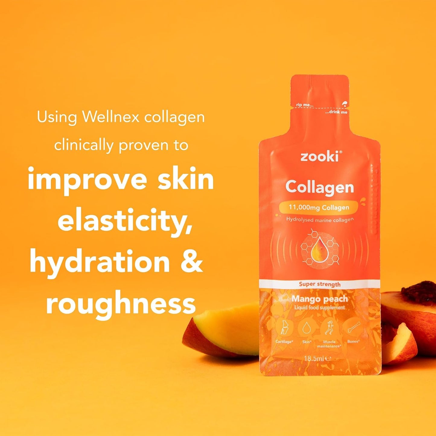 High Strength Sugar-Free Marine Collagen Liquid Sachets 11,000mg - Mango Peach Flavor - Skin, Joints, Hair - 30 Servings - Zooki Super Strength Collagen