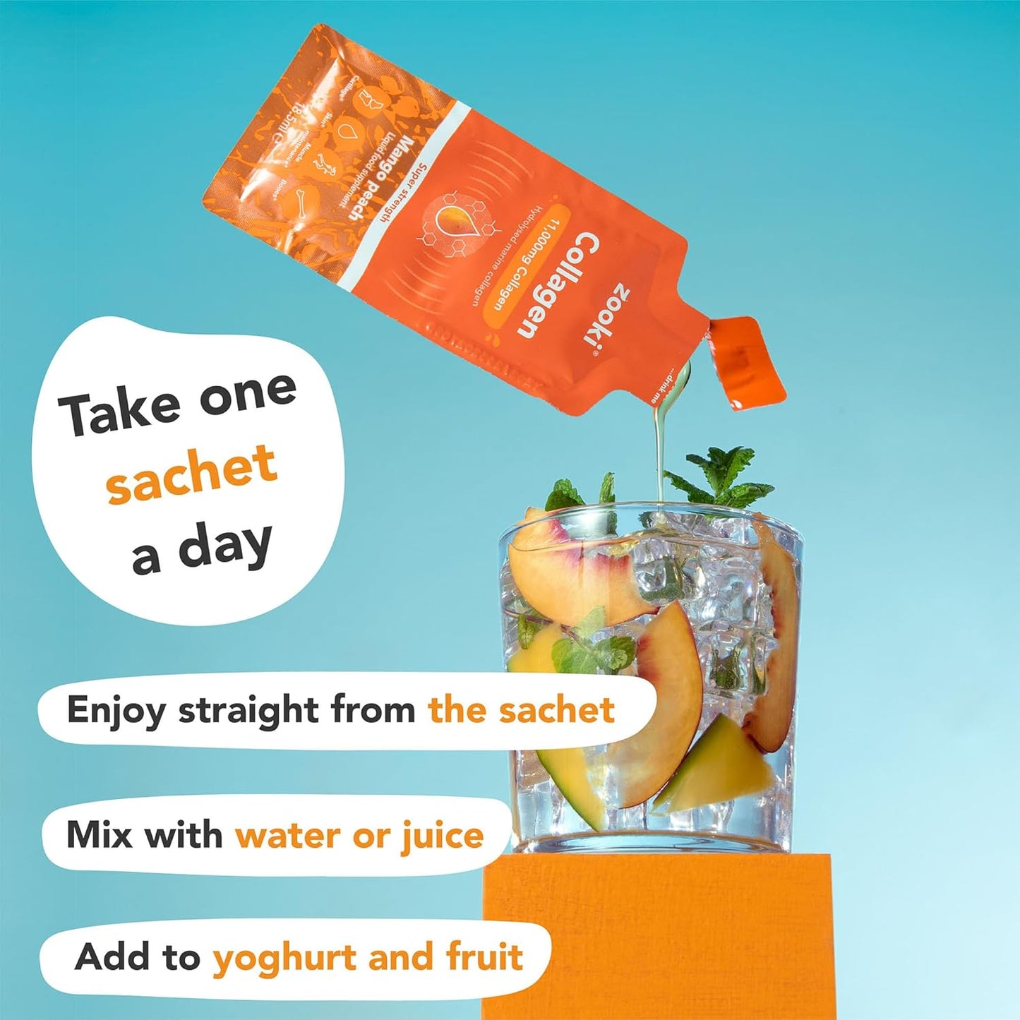 High Strength Sugar-Free Marine Collagen Liquid Sachets 11,000mg - Mango Peach Flavor - Skin, Joints, Hair - 30 Servings - Zooki Super Strength Collagen
