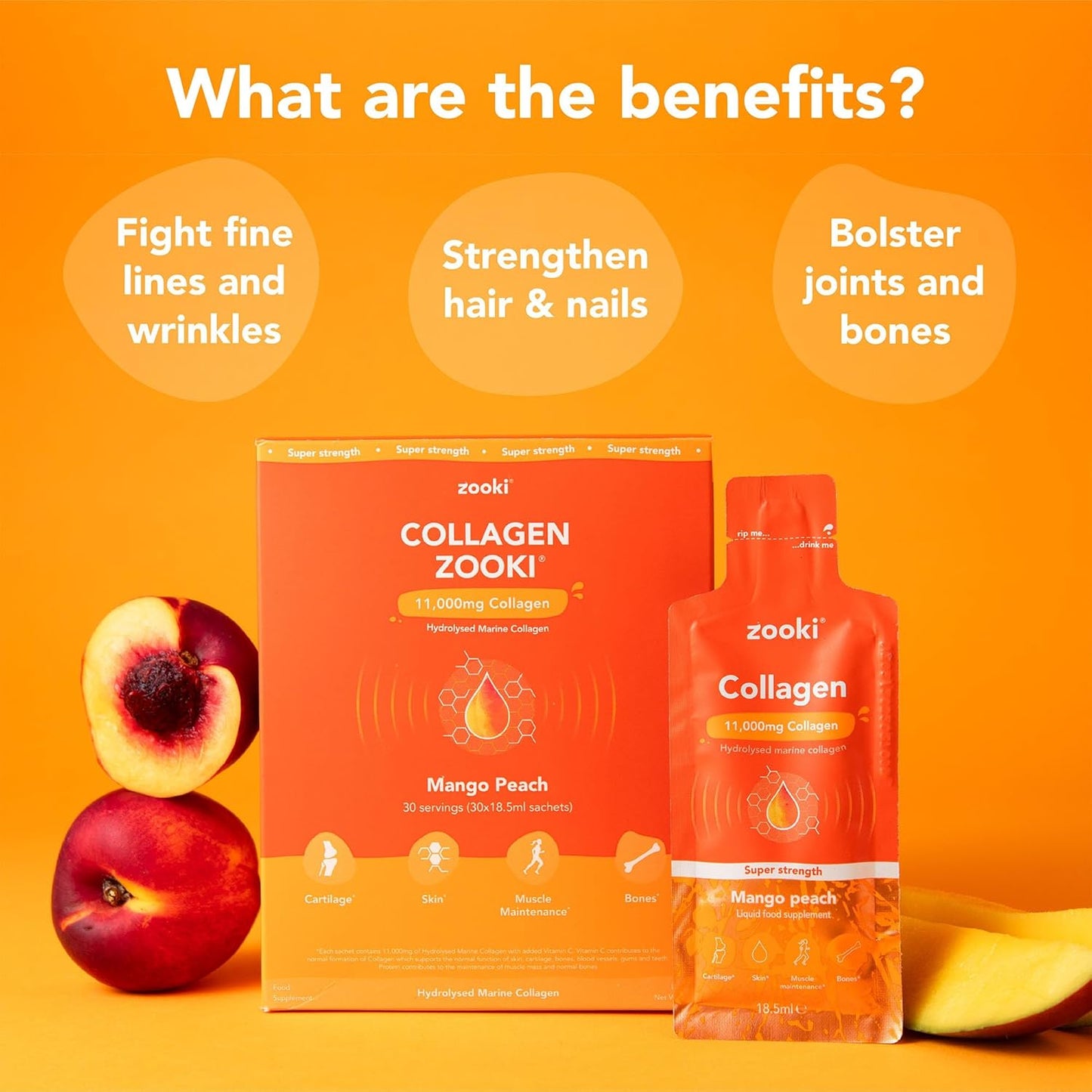High Strength Sugar-Free Marine Collagen Liquid Sachets 11,000mg - Mango Peach Flavor - Skin, Joints, Hair - 30 Servings - Zooki Super Strength Collagen
