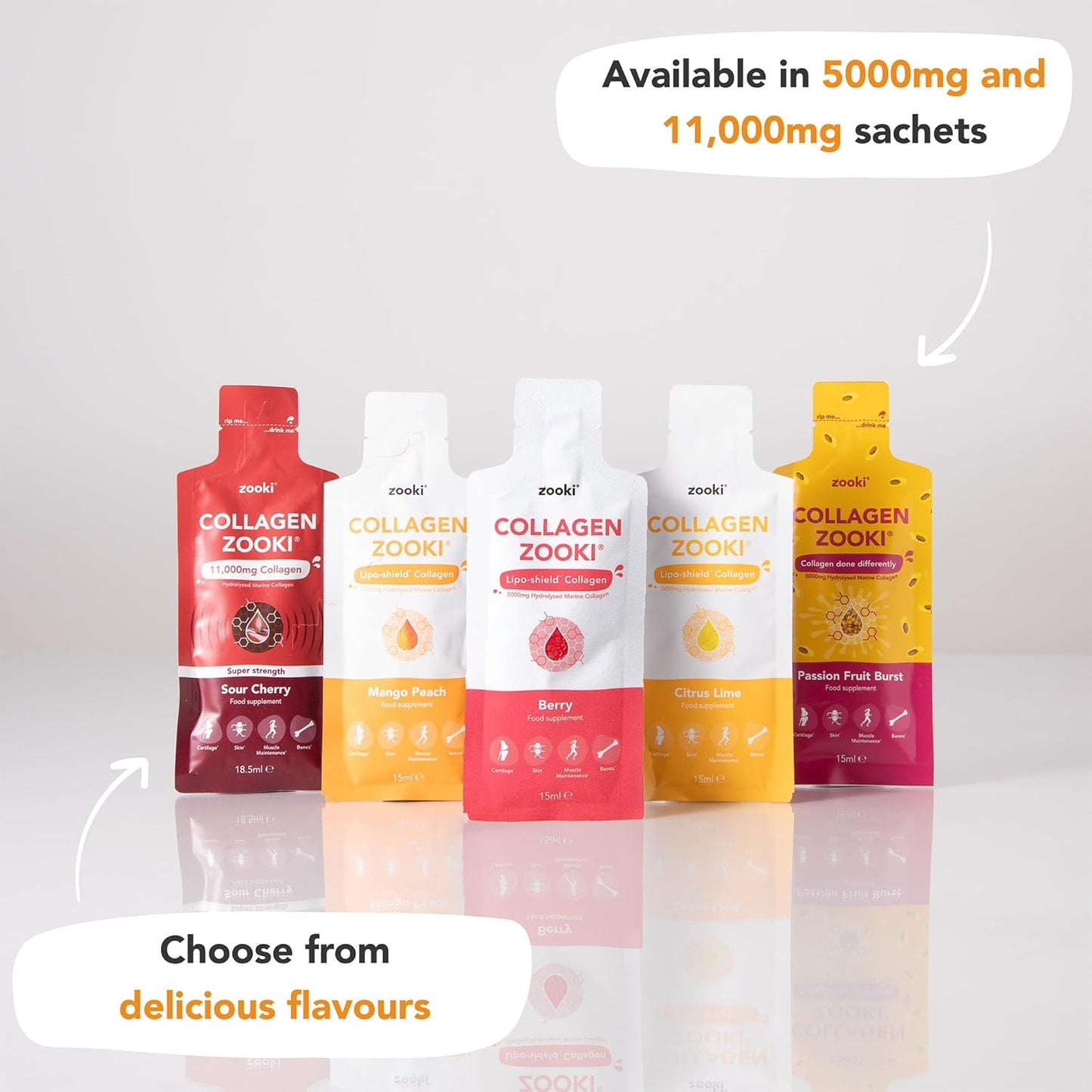 High Strength Sugar-Free Marine Collagen Liquid Sachets 11,000mg - Mango Peach Flavor - Skin, Joints, Hair - 30 Servings - Zooki Super Strength Collagen