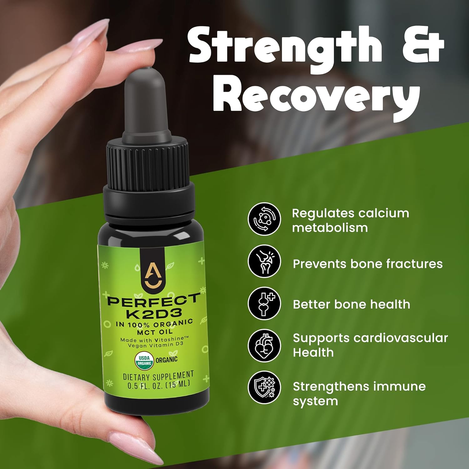 Highly Absorbable Liquid Vitamin D3K2 Supplement with MCT Oil - 1 Month Supply - Essential D3+K2 Vitamins for Calcium Absorption - 15 ml