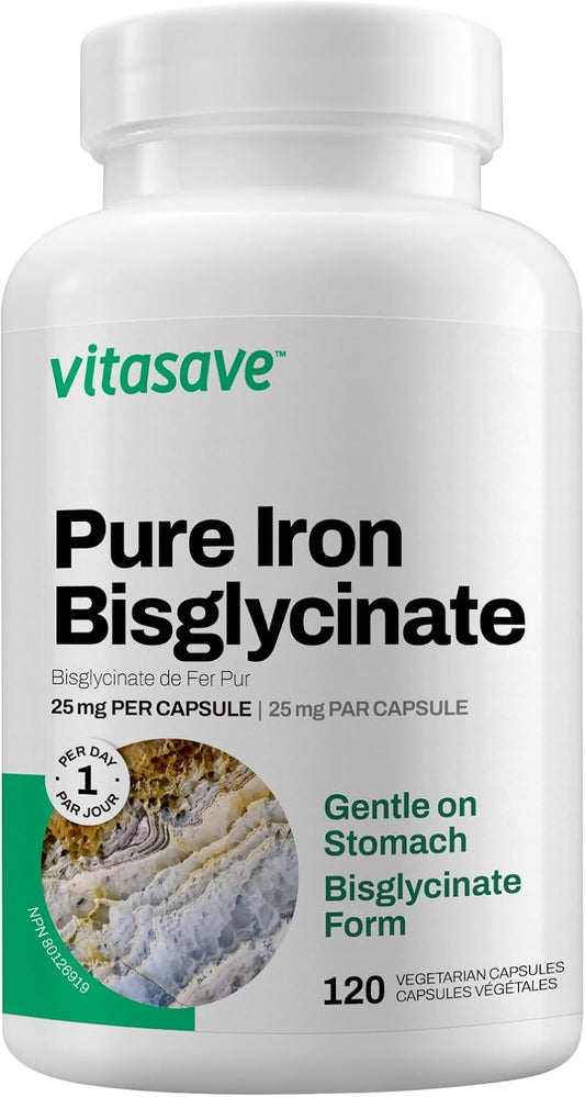 Highly Absorbable Vitasave Pure Iron Bisglycinate Supplement for Gentle Stomach and Immune Support