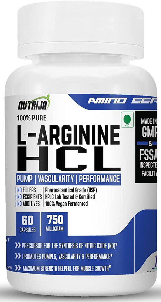 Highly Bioavailable NutriJa L-Arginine HCL Capsules - Maximum Strength Nitric Oxide Booster (60 Capsules)