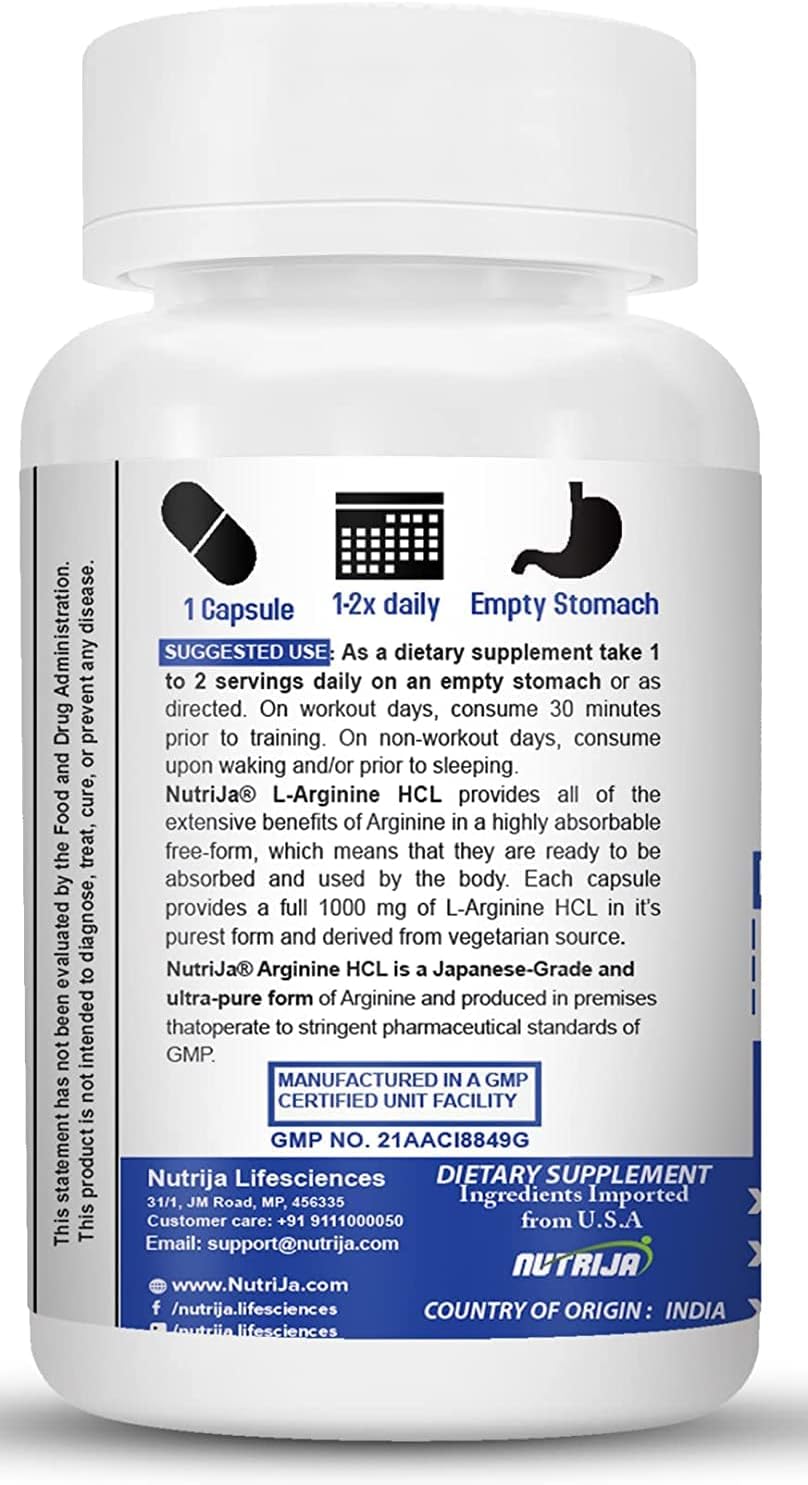 Highly Bioavailable NutriJa L-Arginine HCL Capsules - Maximum Strength Nitric Oxide Booster (60 Capsules)