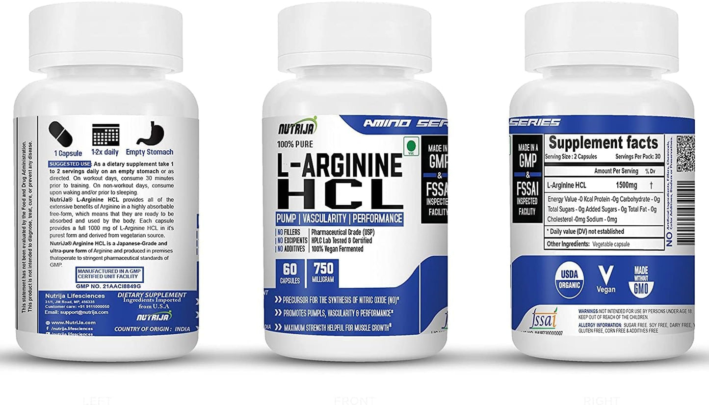 Highly Bioavailable NutriJa L-Arginine HCL Capsules - Maximum Strength Nitric Oxide Booster (60 Capsules)