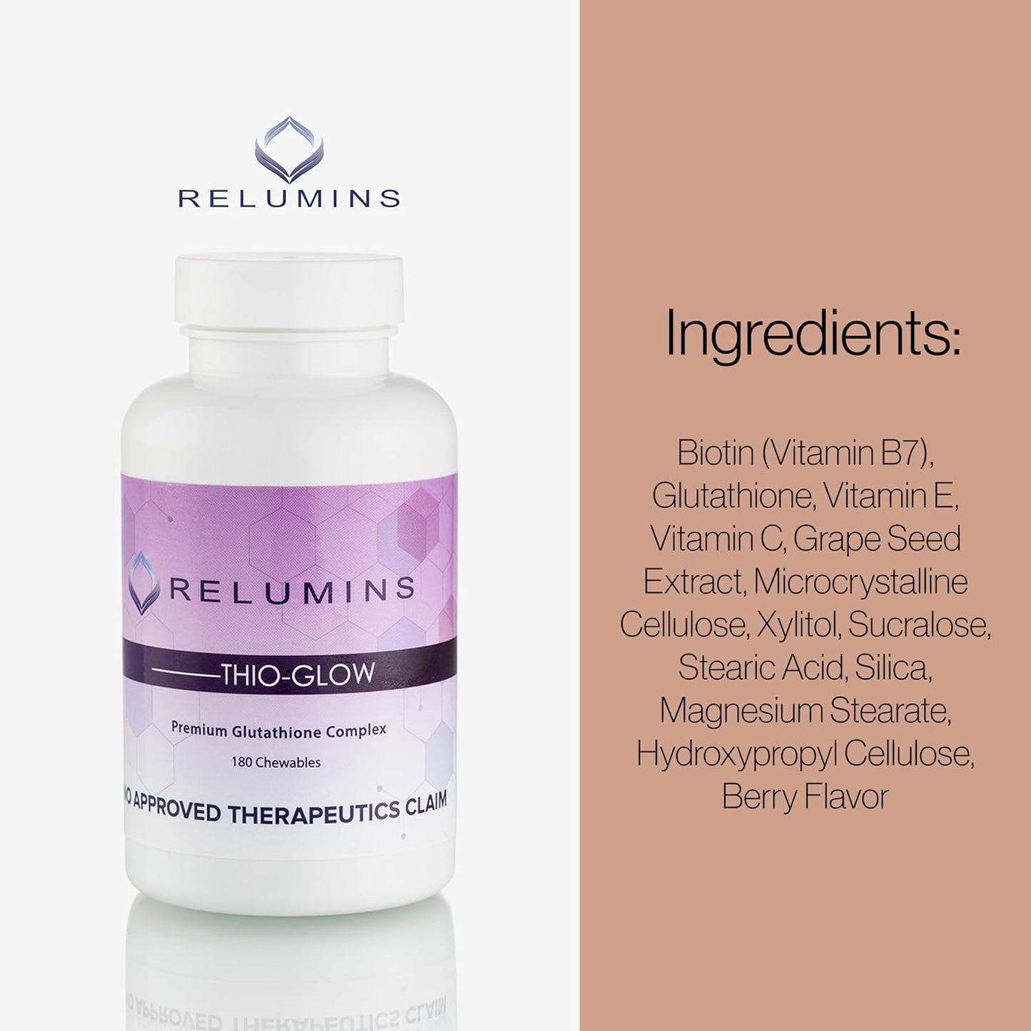 Highly Bioavailable Thio-Glow Chewable Sublingual Glutathione Complex with Biotin, VIT C & E, Grapeseed Polyphemols - 330mg per Serving