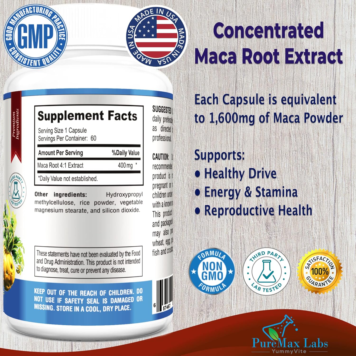 Highly Concentrated Maca Root Capsules - 4:1 Extract (1,600mg per Capsule) - 60 Capsules by YUMMYVITE