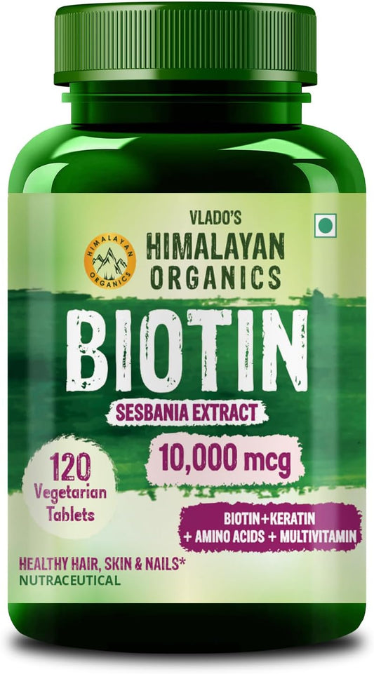 Himalayan Organics Biotin 10000 MCG Supplement with Keratin, Amino Acids, and Multivitamin - 120 Vegetarian Tablets for Healthy Hair, Skin, and Nails