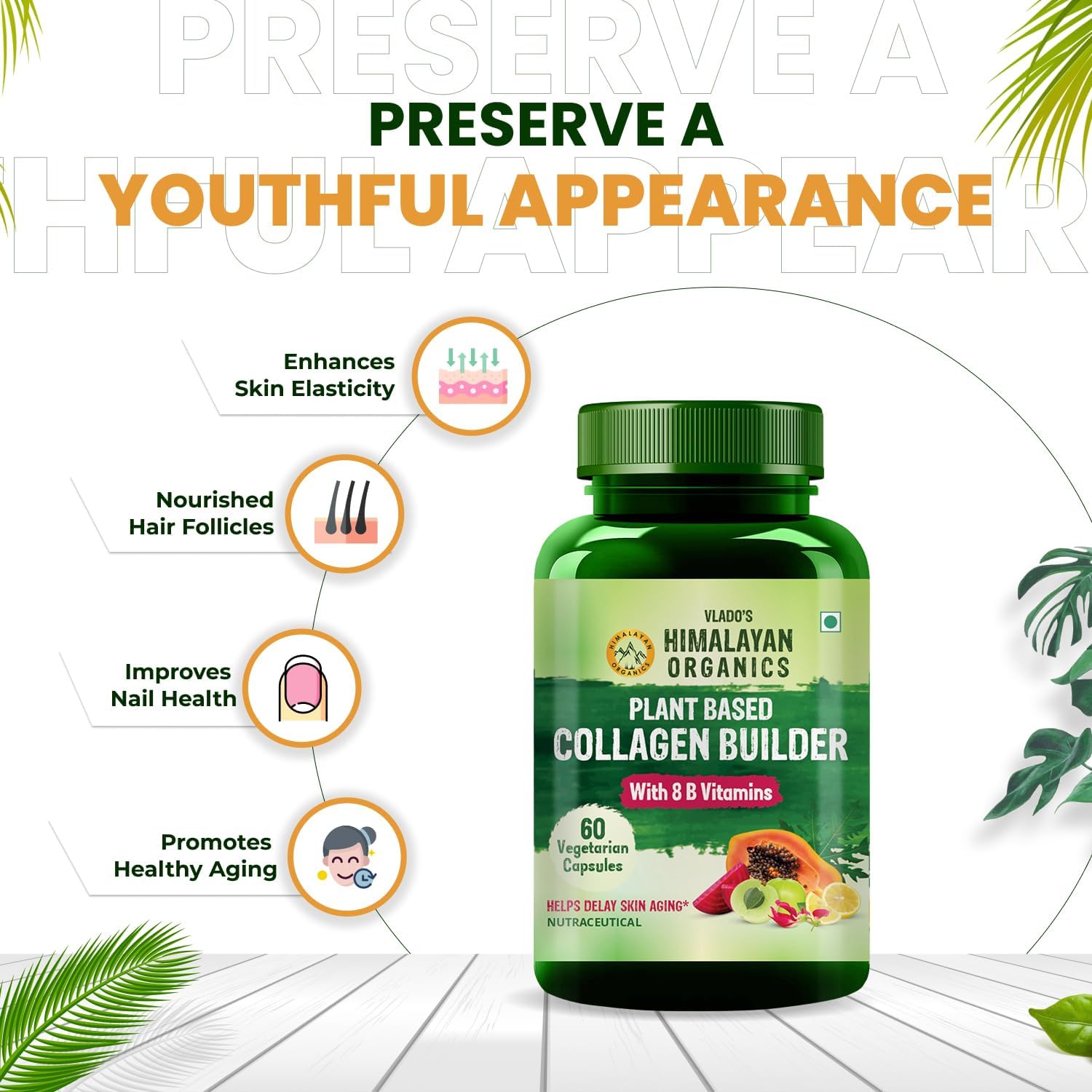 Himalayan Organics Collagen Builder for Hair and Skin with Biotin & Vitamin C - 60 Capsules