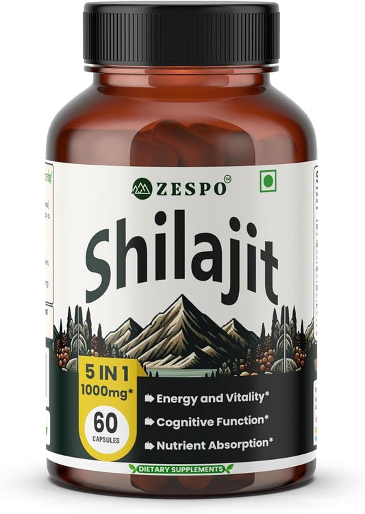 Himalayan Shilajit & Ashwagandha Supplements for Men - 60 Capsules with Black Maca - Elite 1000mg 5-in-1 Formula