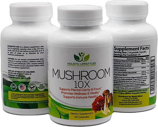 Holistic Lifestyles Mushroom Complex 10X Supplement with Lions Mane for Focus, Vitality, Mood & Immune Support - 1330mg, 60 Capsules