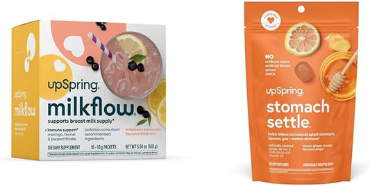 Honey Flavored Stomach Settle Drops + Elderberry Lemonade Milkflow Breastfeeding Drink Mix with Moringa & Blessed Thistle, 28 Ct + 16 Mixes
