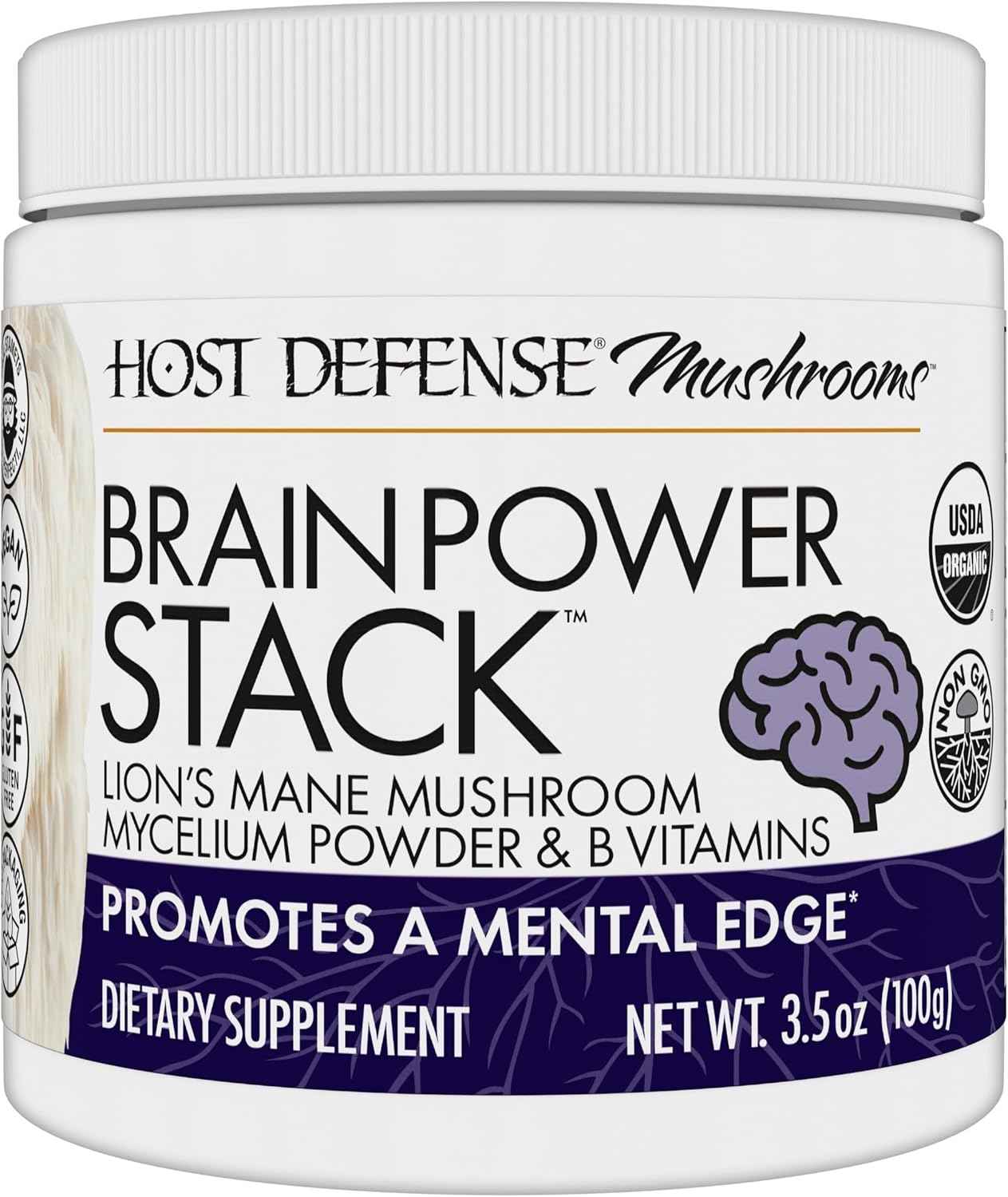 Host Defense BrainPower Stack Powder - Targeted Brain Support Supplement - Powder Mushroom Supplement with Lion's Mane, Niacin (B3) & Vitamin B12 - Herbal Brain Support - 100g (66 Servings)*