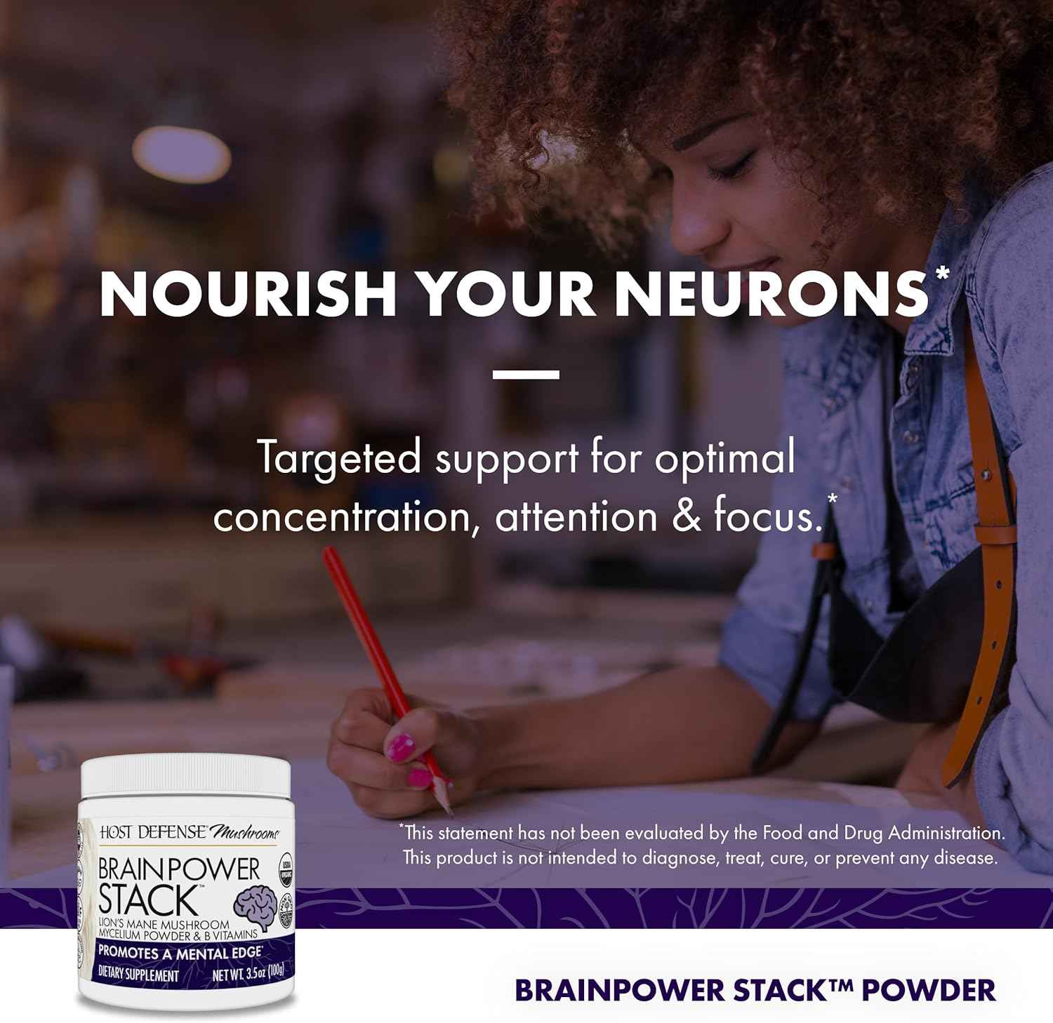 Host Defense BrainPower Stack Powder - Targeted Brain Support Supplement - Powder Mushroom Supplement with Lion's Mane, Niacin (B3) & Vitamin B12 - Herbal Brain Support - 100g (66 Servings)*