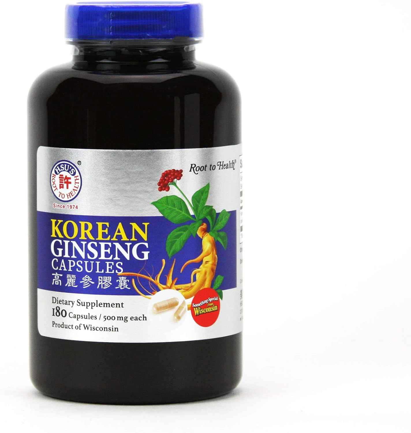 HSU’s Korean Ginseng SKU 1511 | Korean Ginseng Capsules 180 ct | Cultivated Wisconsin Korean Ginseng Direct from Hsu's Ginseng Gardens | 许氏高麗参膠囊 180 粒 | 500 mg 180 ct Capsules Bottle