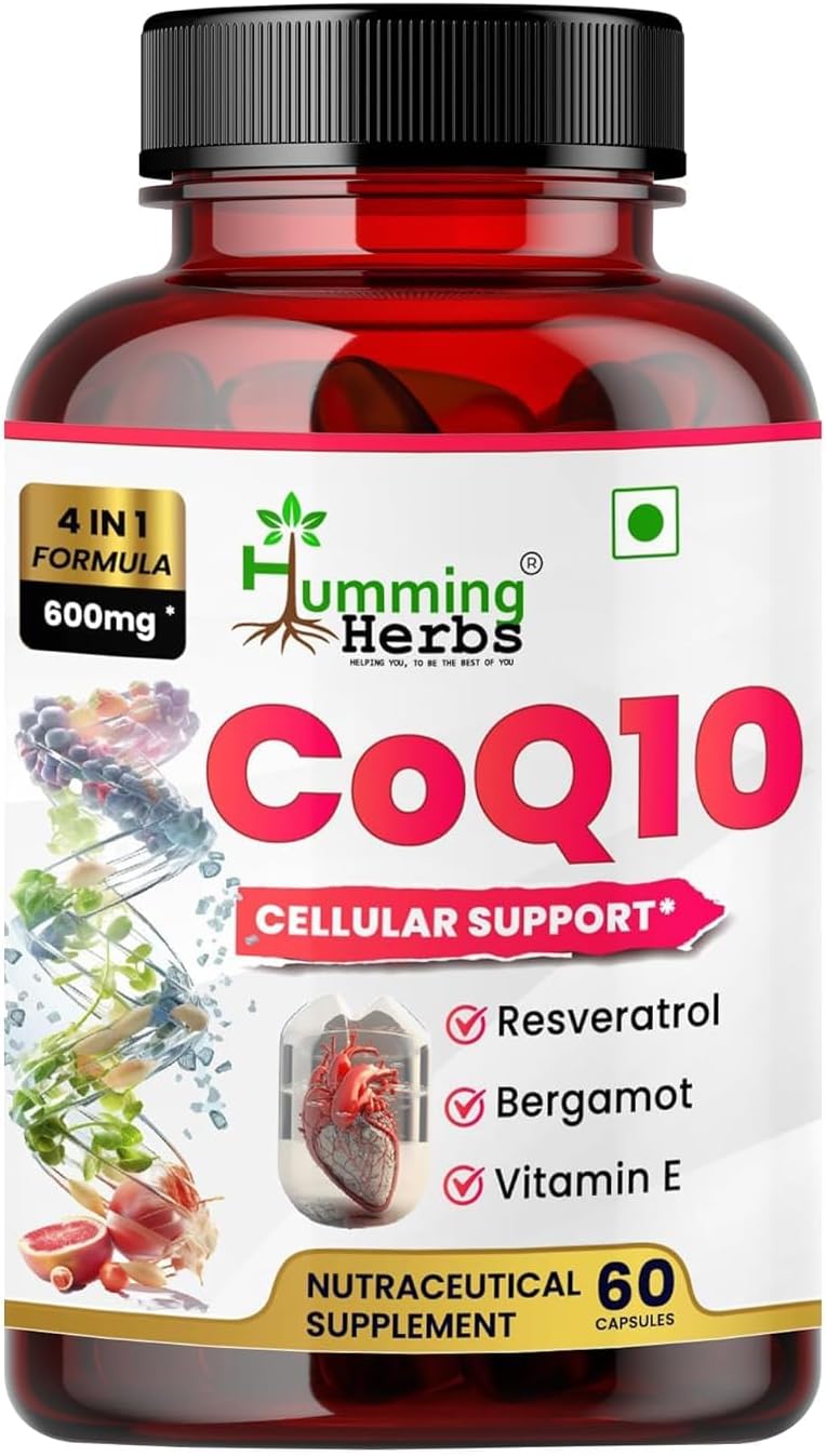 Humming Herbs CoQ10 600mg Capsules with Resveratrol, Bergamot, Vitamin E - Cellular Support Supplement - 60 Day Supply
