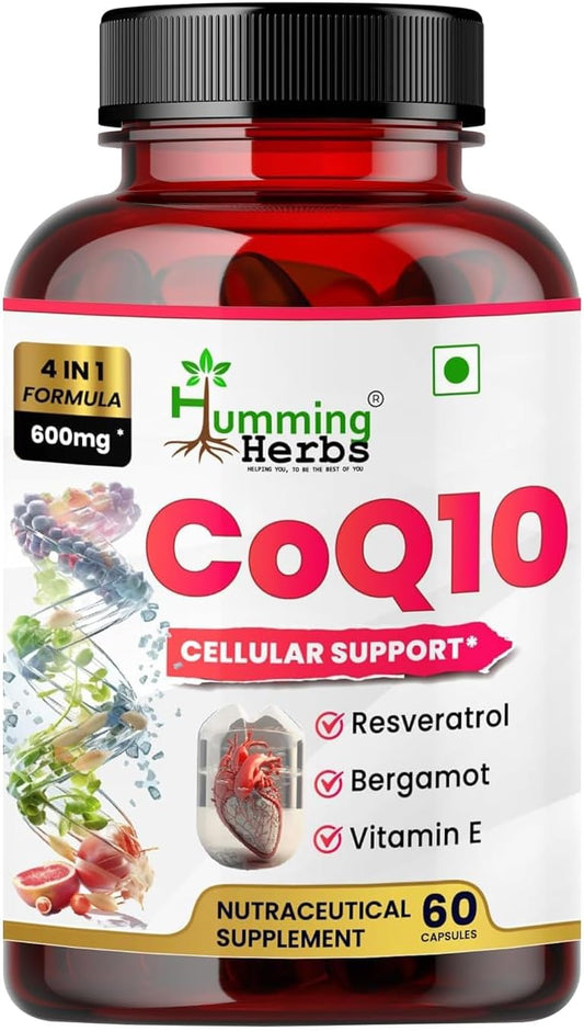 Humming Herbs CoQ10 600mg Capsules with Resveratrol, Bergamot, Vitamin E - Cellular Support Supplement - 60 Day Supply