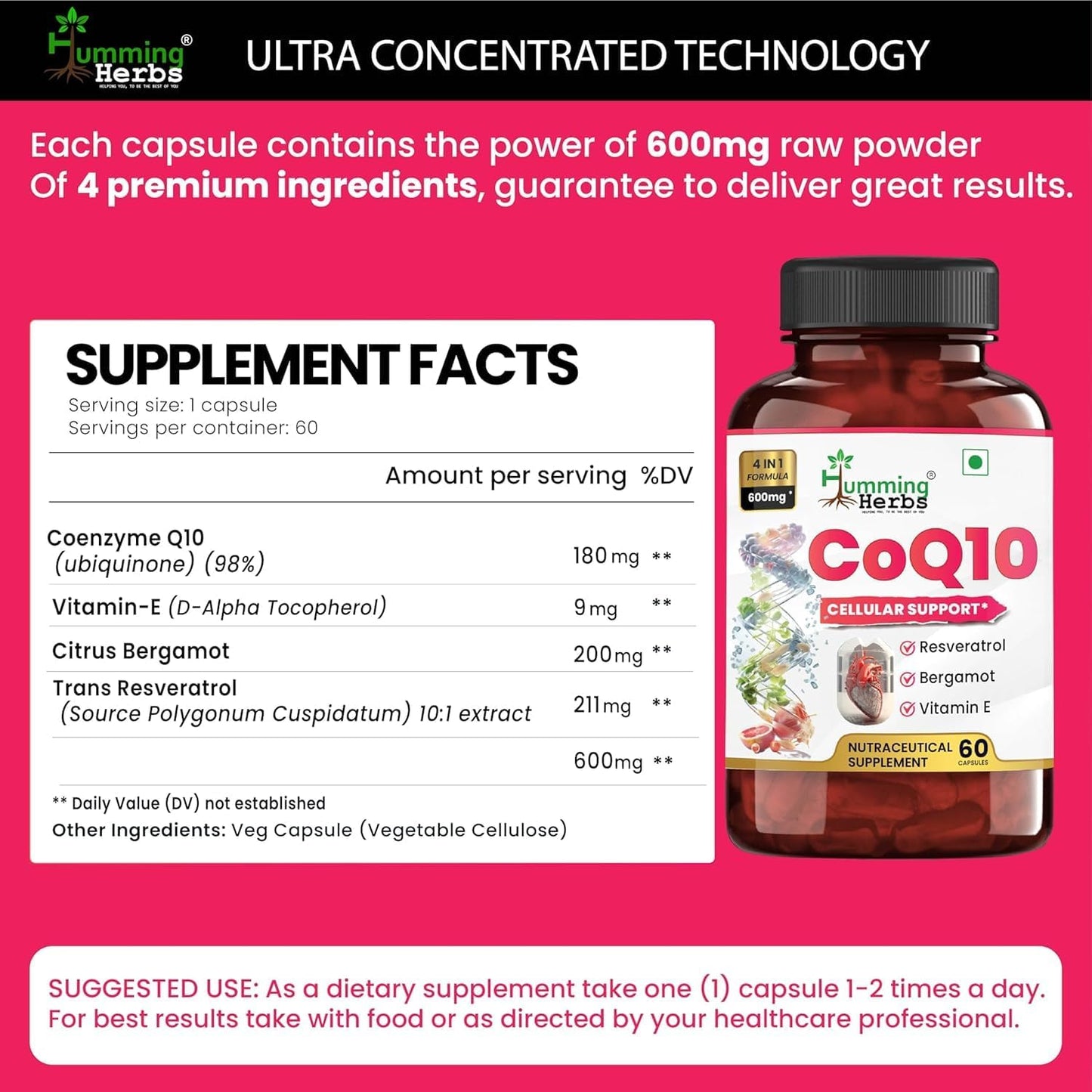 Humming Herbs CoQ10 600mg Capsules with Resveratrol, Bergamot, Vitamin E - Cellular Support Supplement - 60 Day Supply