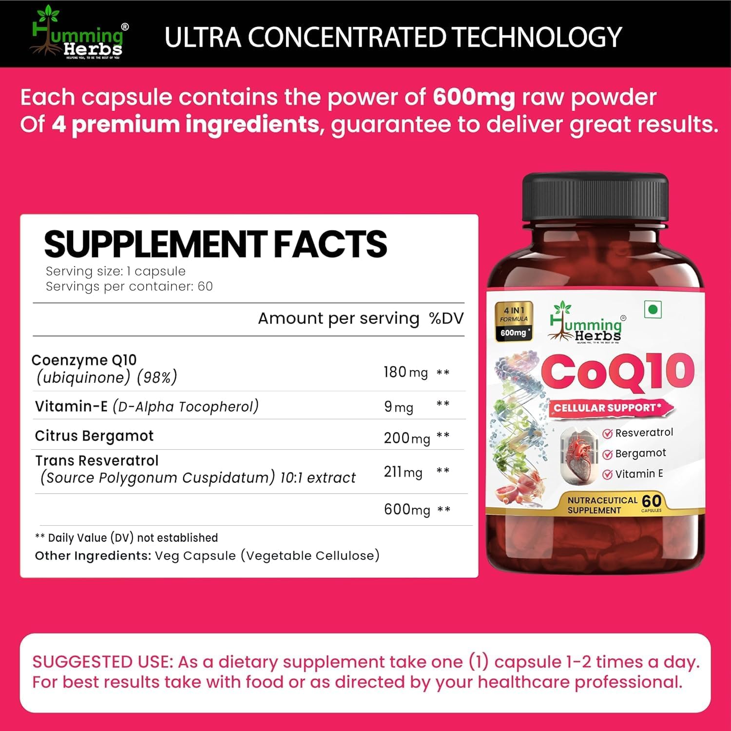 Humming Herbs CoQ10 600mg Capsules with Resveratrol, Bergamot, Vitamin E - Cellular Support Supplement - 60 Day Supply