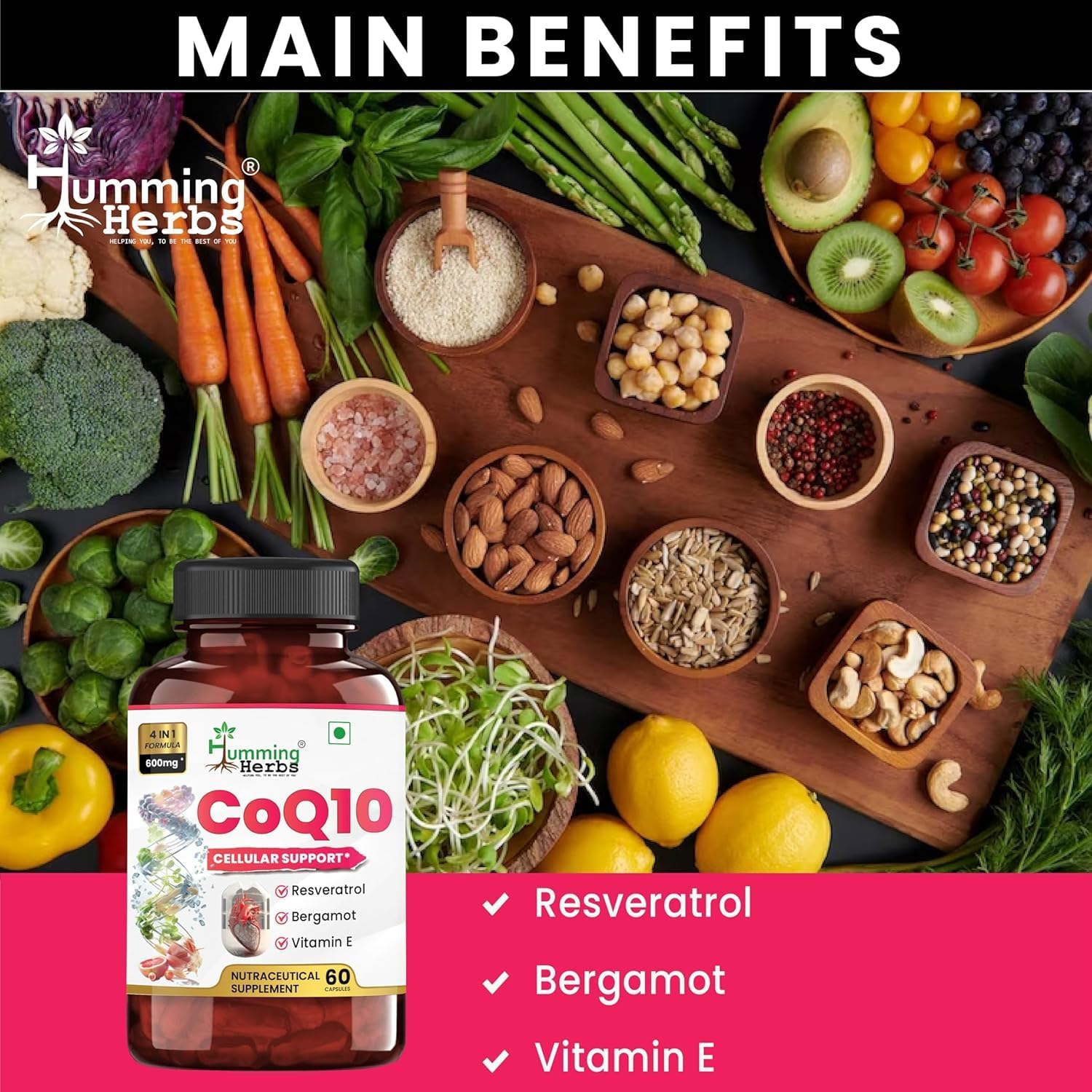 Humming Herbs CoQ10 600mg Capsules with Resveratrol, Bergamot, Vitamin E - Cellular Support Supplement - 60 Day Supply