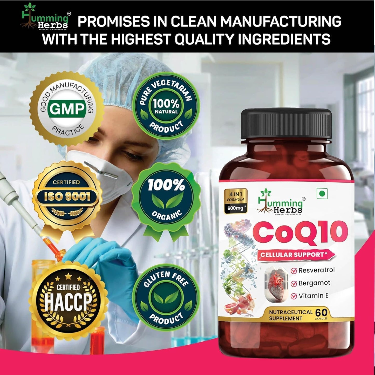 Humming Herbs CoQ10 600mg Capsules with Resveratrol, Bergamot, Vitamin E - Cellular Support Supplement - 60 Day Supply