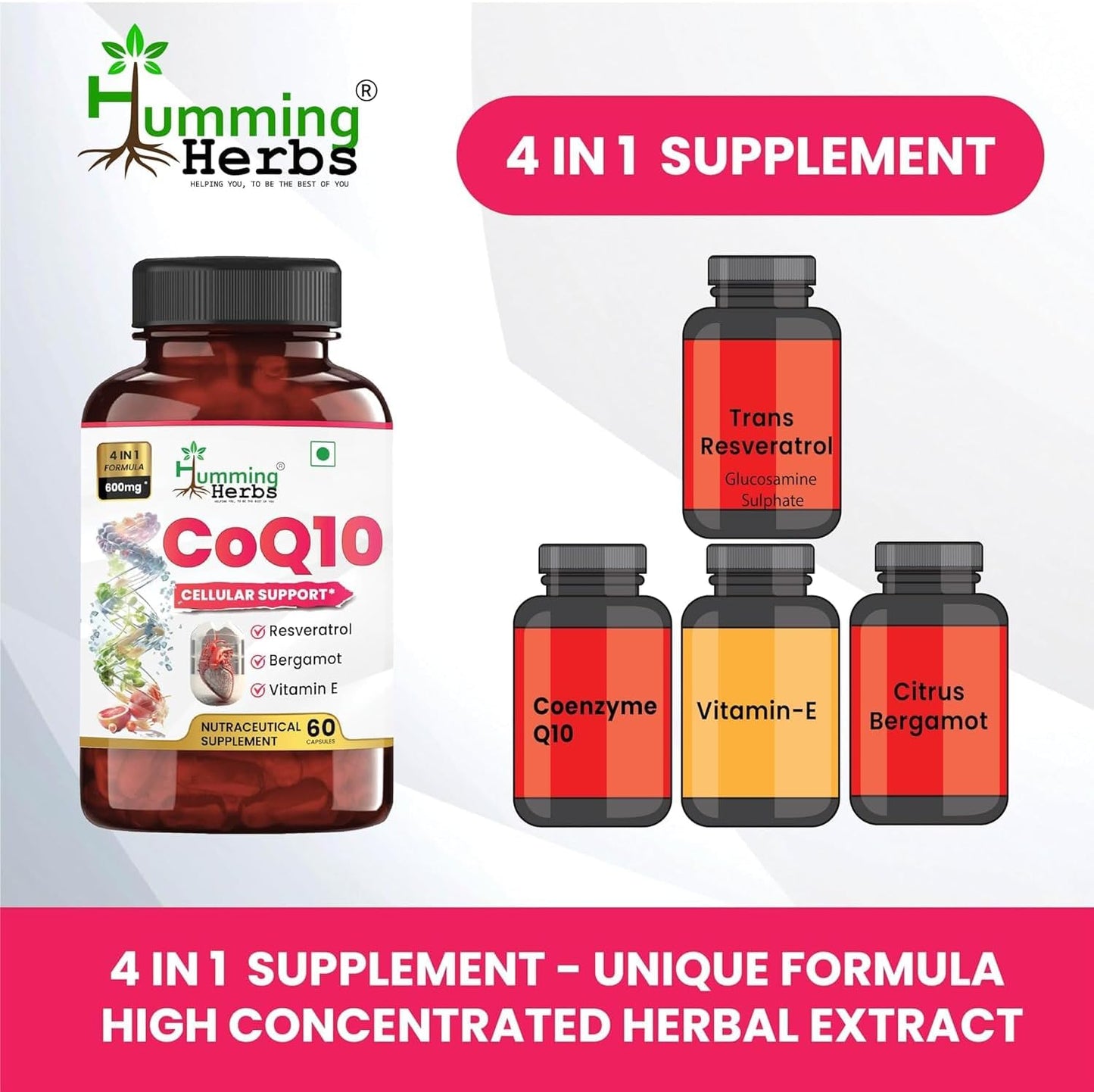 Humming Herbs CoQ10 600mg Capsules with Resveratrol, Bergamot, Vitamin E - Cellular Support Supplement - 60 Day Supply