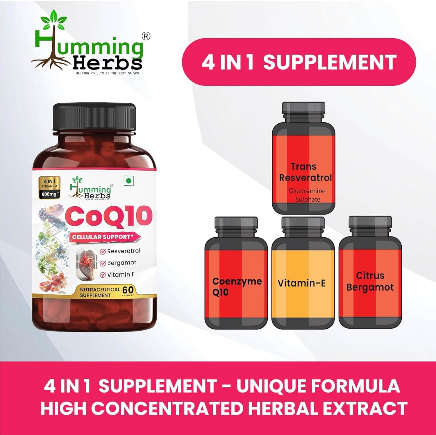 Humming Herbs CoQ10 600mg Capsules with Resveratrol, Bergamot, Vitamin E - Cellular Support Supplement - 60 Day Supply