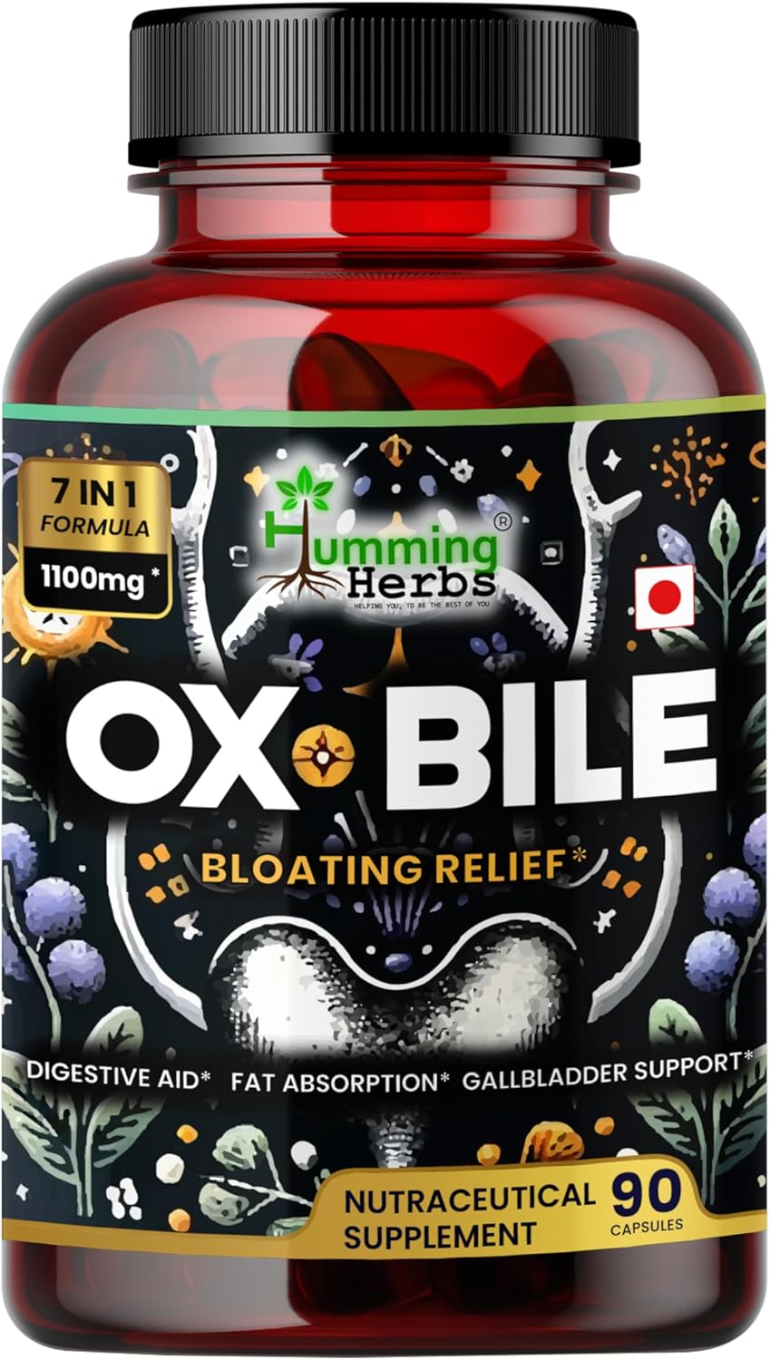 Humming Herbs Ox Bile 1100mg 90 Capsules Supplement with Probiotics, Turmeric, and Inulin - 7 in 1 Formula for Adults - 45 Day Supply