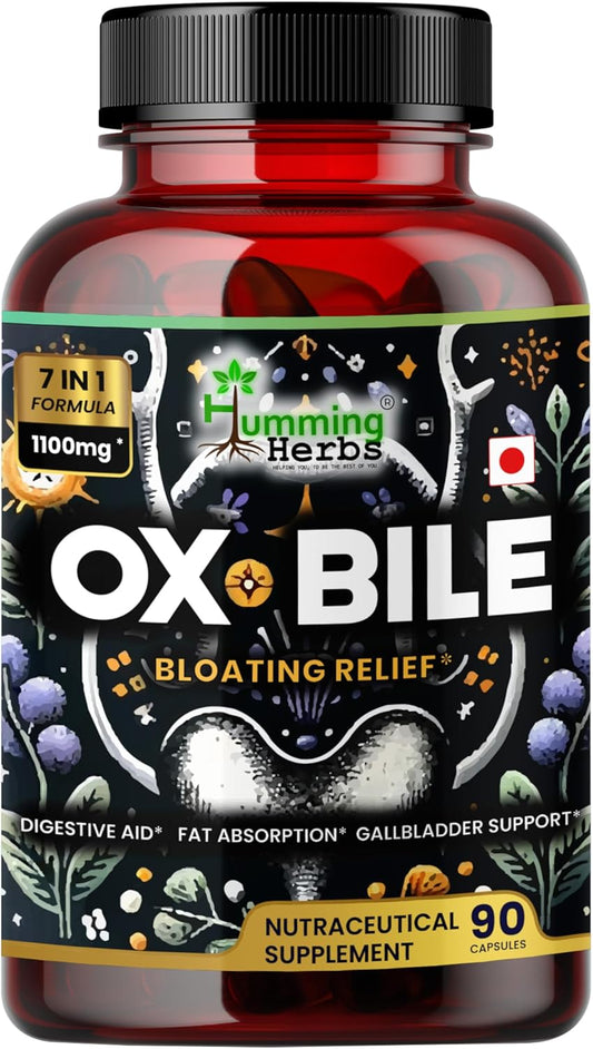 Humming Herbs Ox Bile 1100mg 90 Capsules Supplement with Probiotics, Turmeric, and Inulin - 7 in 1 Formula for Adults - 45 Day Supply