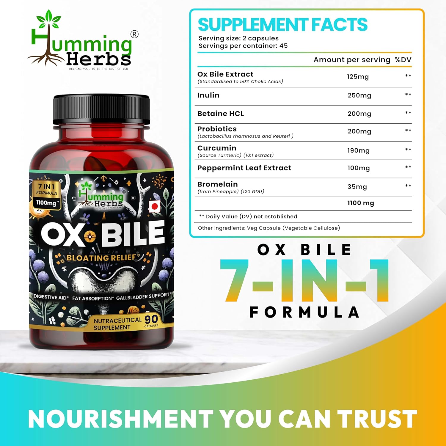 Humming Herbs Ox Bile 1100mg 90 Capsules Supplement with Probiotics, Turmeric, and Inulin - 7 in 1 Formula for Adults - 45 Day Supply