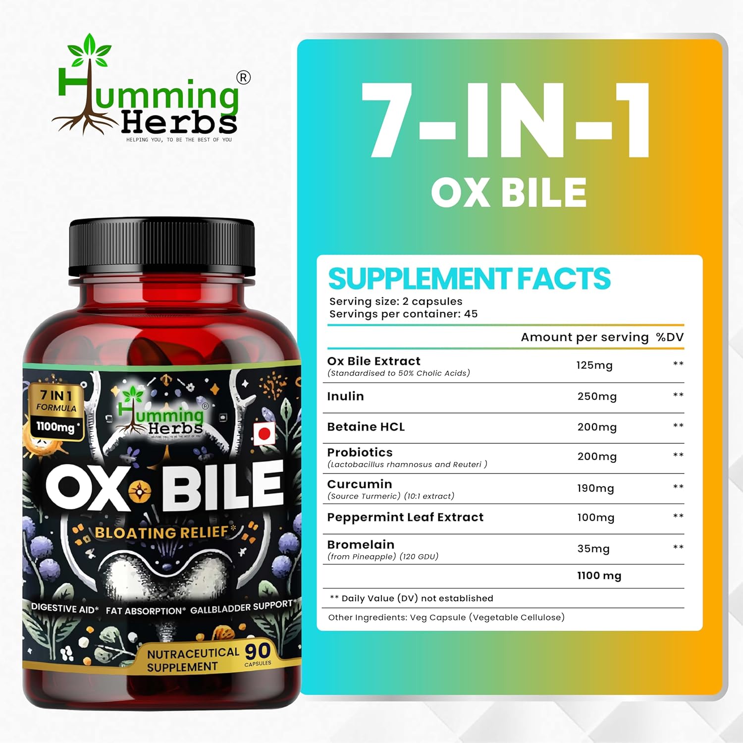 Humming Herbs Ox Bile 1100mg 90 Capsules Supplement with Probiotics, Turmeric, and Inulin - 7 in 1 Formula for Adults - 45 Day Supply