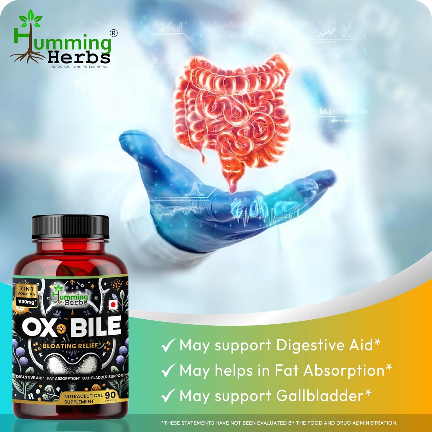 Humming Herbs Ox Bile 1100mg 90 Capsules Supplement with Probiotics, Turmeric, and Inulin - 7 in 1 Formula for Adults - 45 Day Supply