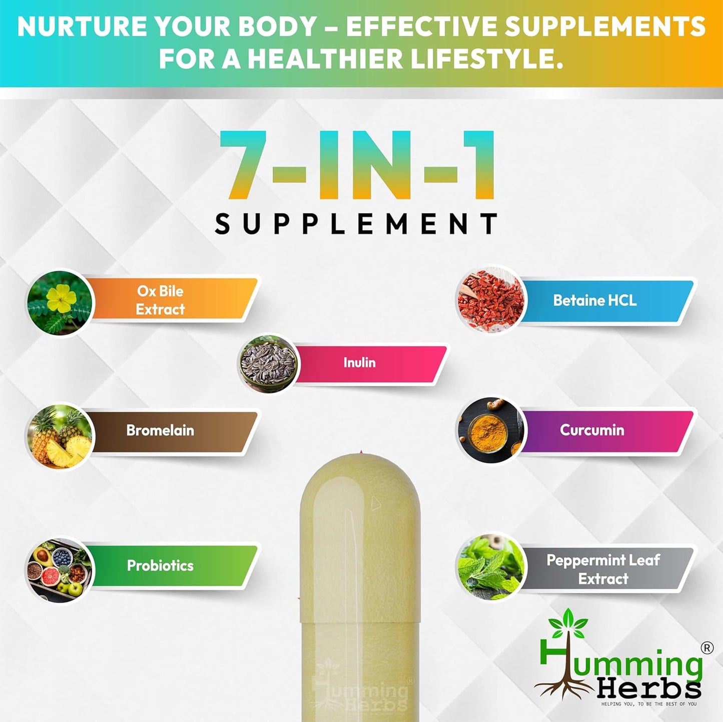 Humming Herbs Ox Bile 1100mg 90 Capsules Supplement with Probiotics, Turmeric, and Inulin - 7 in 1 Formula for Adults - 45 Day Supply