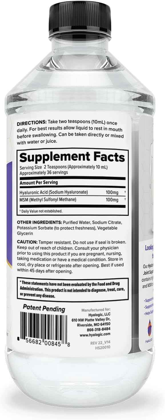 Hyalogic Hyaluronic Acid Joint Support Supplement (12 oz) Advanced Formula Joint Supplement – MSM & 100 mg Hyaluronic Acid Supplements – Joint Supplements for Women & Men for Overall Joint Health